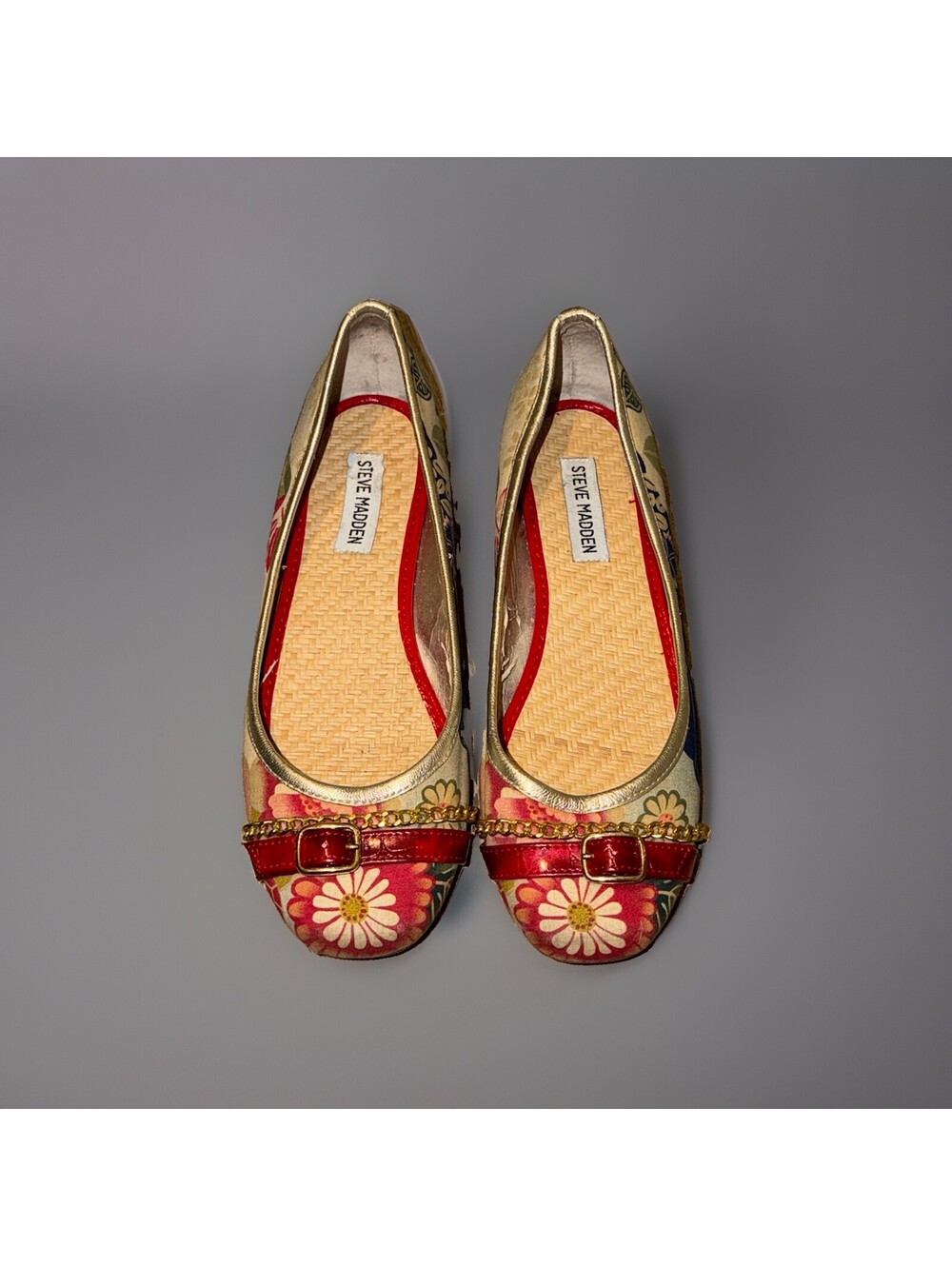 Steve Madden VTG Y2K Floral Ballet Flats Multicolor Buckle Chain Trim Womens 7M
